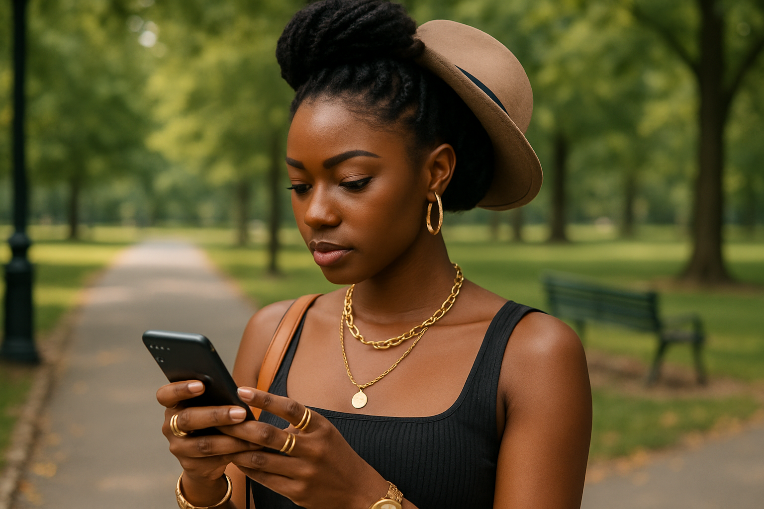 A beautiful black female wearing fashionable jewelry and accessories. She's in the park parking while gazing at her cell phone. 
