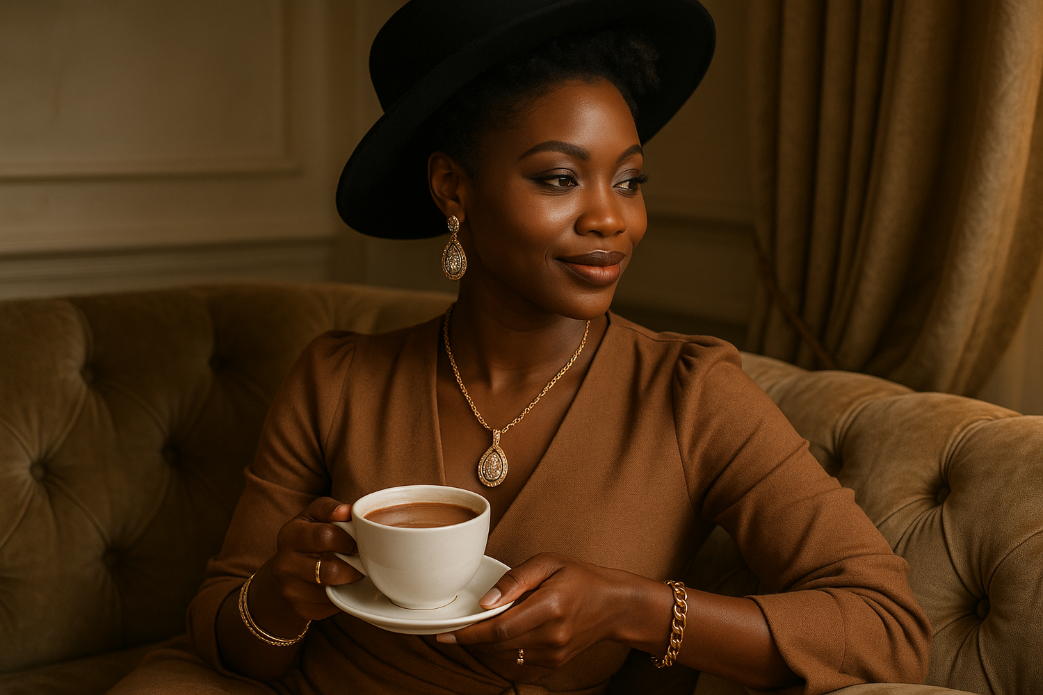 Black female wearing jewelry and accessories with a stylish outfit on. Sitting down on a couch while drinking hot chocolate 